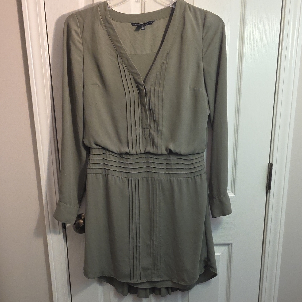 White House Black Market Olive Green Pleated Waist Long Sleeve Dress